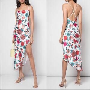 Haney Goldie Floral Silk Slip Midi Dress White Criss Cross Back 12